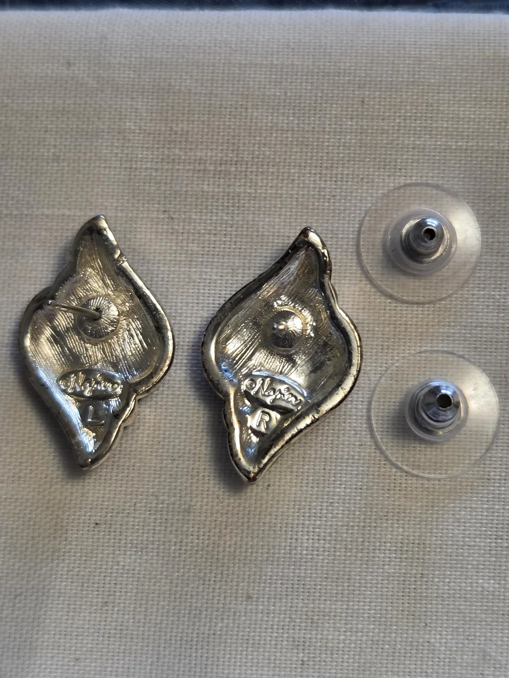 Signed Napier Navy Leaf-Shaped Silver-Tone Accent Post Earrings